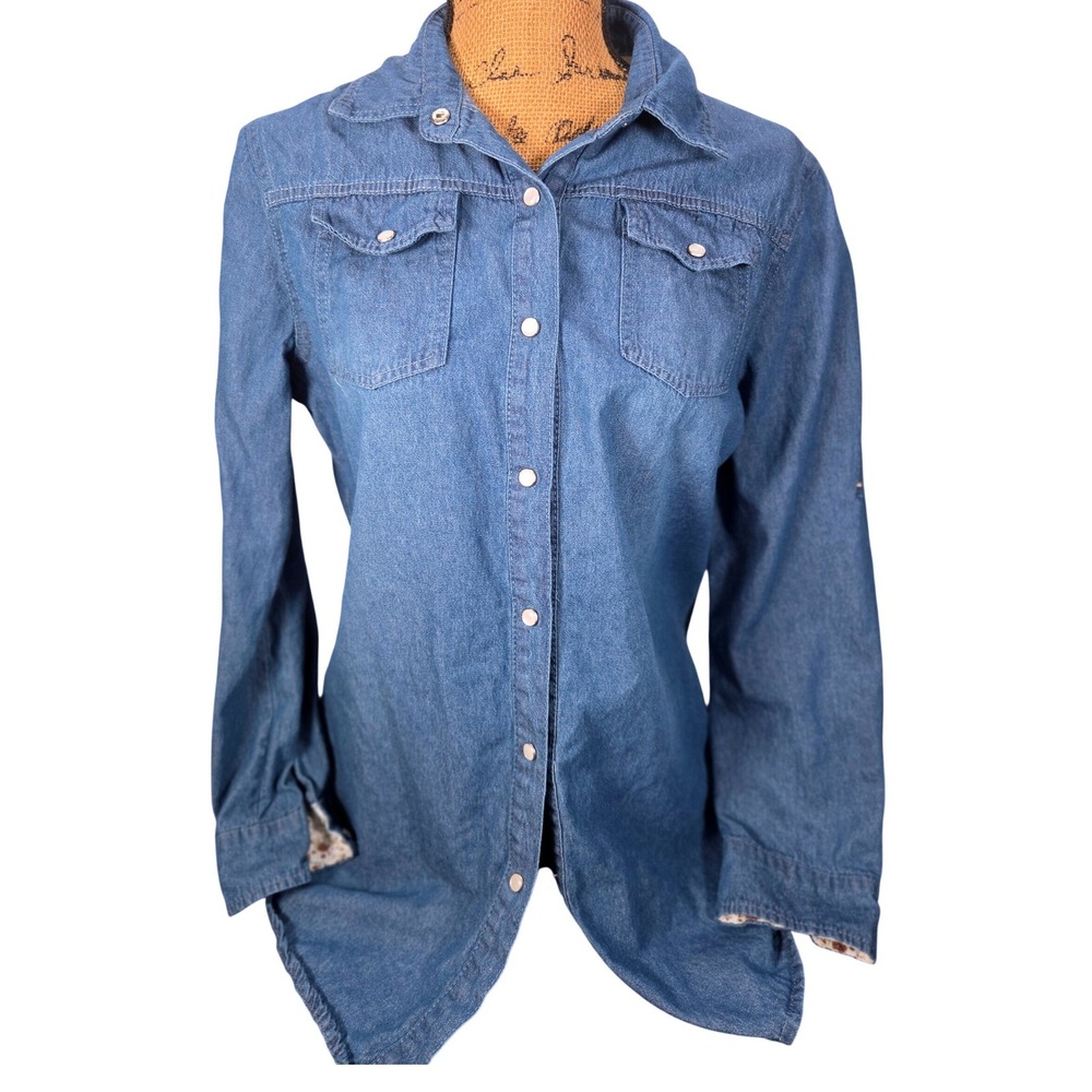 Denim Button Down Shirt Womens XXL Floral Trim Circa Indigo Western Grandma Snap